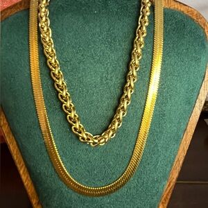 Elegant Gold Chain Necklace Set. 16” Braided Choker and 20” Herringbone